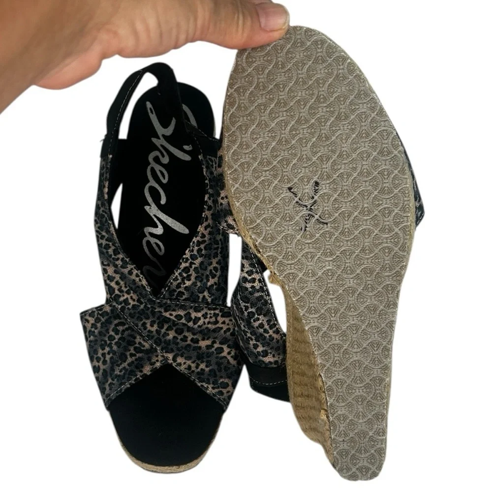 Skechers Cali Club X Ray Tan Black Wedge Sandal Leopard Metallic Shoes 7.5 Comfy
